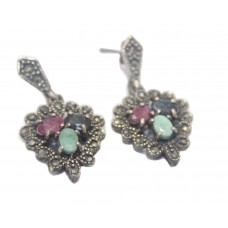 Earrings Silver 925 Sterling Womens Ruby Emerald Sapphire Marcasite Stones B454